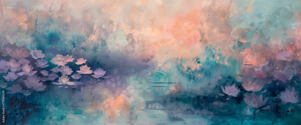 Oceanic teal mist floating amidst a dreamy tapestry of lavender and muted peach.