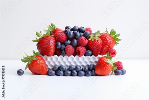 Minimalistic composition of fresh strawberries and blueberries on a white background