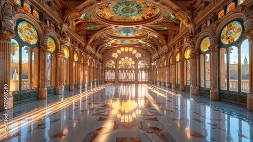 Majestic sunlit hall with stained glass windows