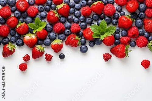 Minimalistic composition of fresh strawberries and blueberries on a white background