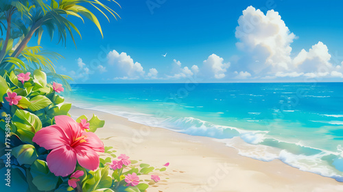 Tropical paradise background with hibiscus flowers on beach backdrop. Bright summer sunny day illustration template design with a copy space.