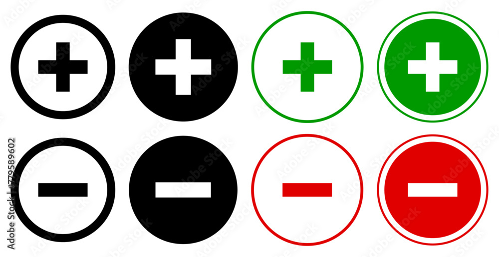 Obraz premium Round plus sign & minus sign icons set. Positive & negative symbols vector.