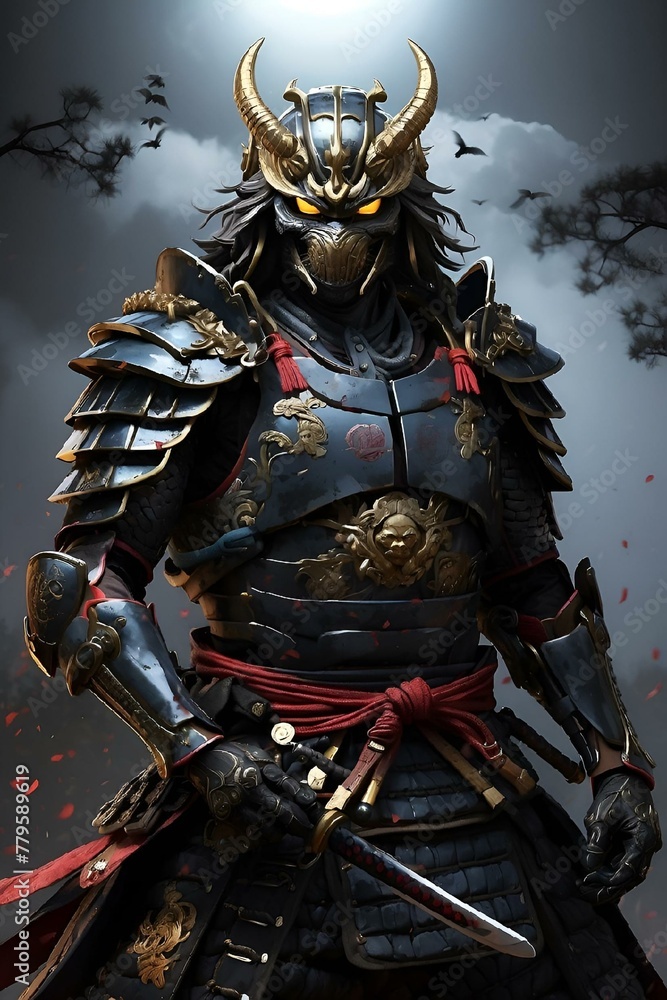 an asian samurai standing with a sword in front of the sky