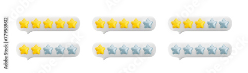 Vector 3d feedback bubbles set. Star rating system from 0 to 5 stars. Customer review gold and silver stars. One, two, three, four and five stars icons set.