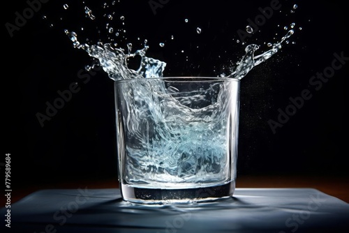 Splashes of water from a transparent glass on a dark background