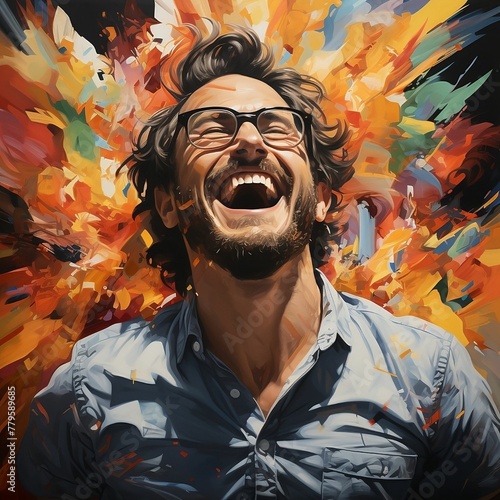 AI-generated illustration of a man wearing glasses smiling against an abstract, colorful background