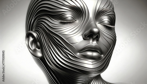 AI generated illustration of A monochrome 3D artwork of a female face with smooth  flowing lines
