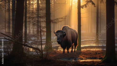 AI generated illustration of an American bison in a wooded area, illuminated by the warm sunlight