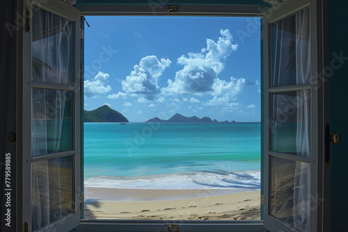 there is a window opening out onto a beach area with calm waters