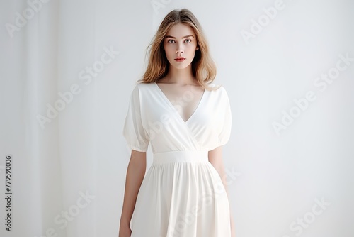 woman is wearing a minimalist style dress. Simple, comfortable atmosphere 