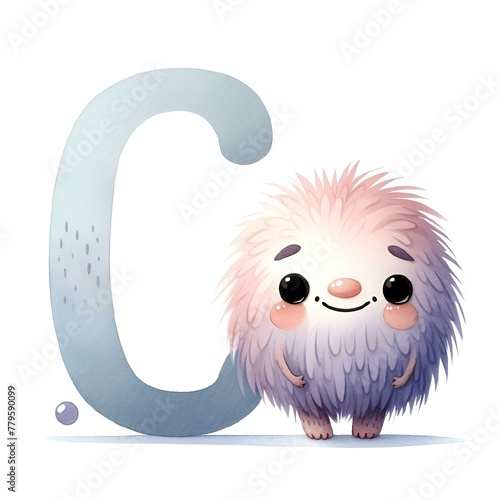 Whimsical Fuzzy Monster and Letter 'C' Watercolor - AI Generated Digital Art © Wirestock