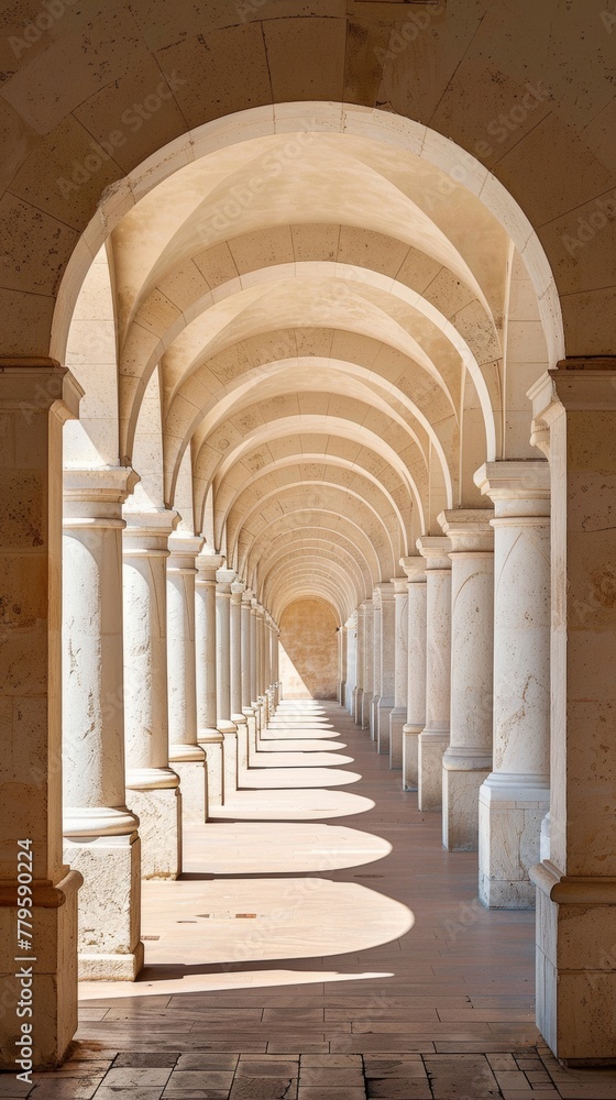 Sunlit arched corridor with classical columns Sunlit arched corridor with classical columns