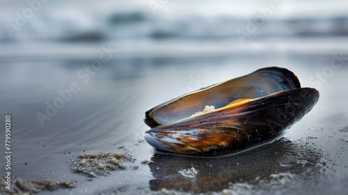 Open mussel shell on sandy shore