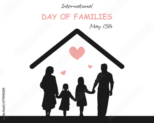 International day of families banner. Vector illustration with silhouettes of father, mother and child under the roof of a house.