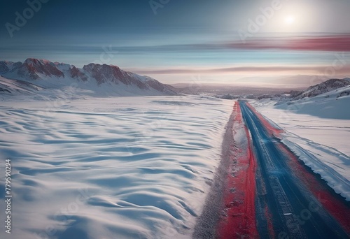 AI generated illustration of a scenic snow-covered road under a sunny sky