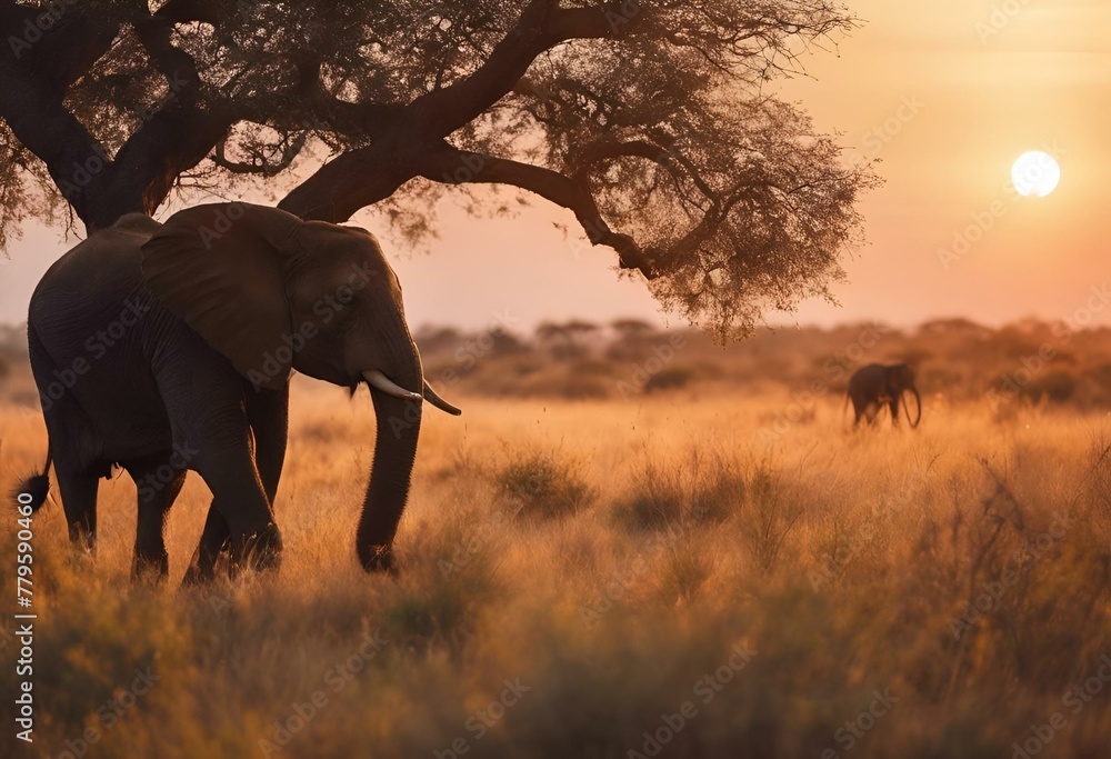 Fototapeta premium AI generated illustration of an elephant strolling among trees in the plains at sunset