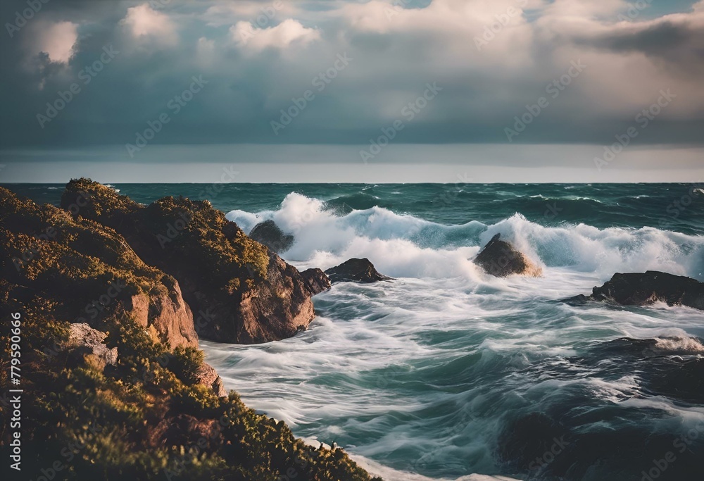 AI generated illustration of rocks on beach edge with dark clouds in background