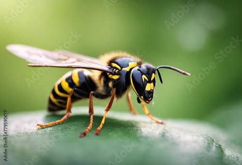 AI generated illustration of a bee on a green leaf with a green background © Wirestock