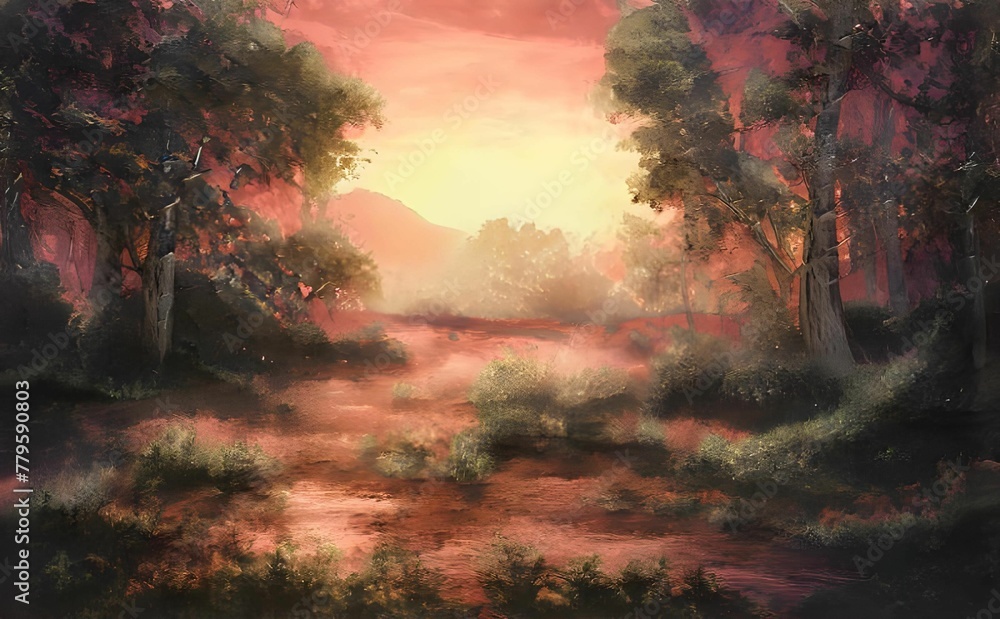 Fototapeta premium Illustration of a forest with tall green trees under a reddish-yellow sky