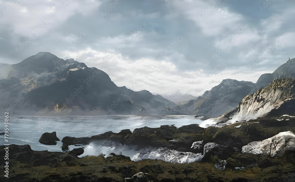 Illustration of a lake with rocks surrounded by rocky mountains under a cloudy sky