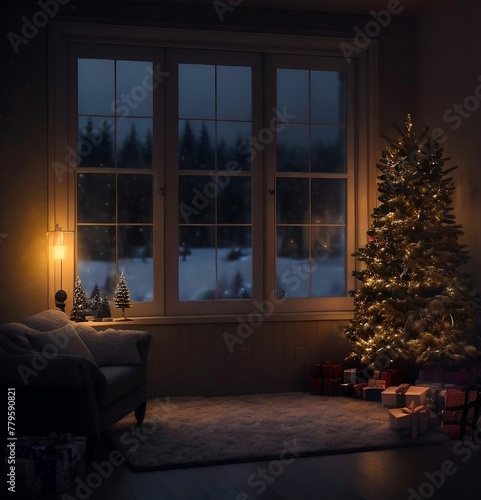 Illuminated living room interior featuring a festive Christmas tree by the window. AI-generated. © Wirestock