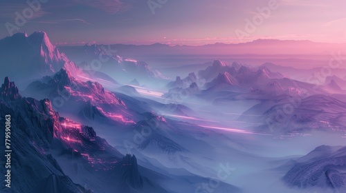 A fantasy vista of misty mountains, lit by futuristic glowing lines, evoking a galaxy color scheme