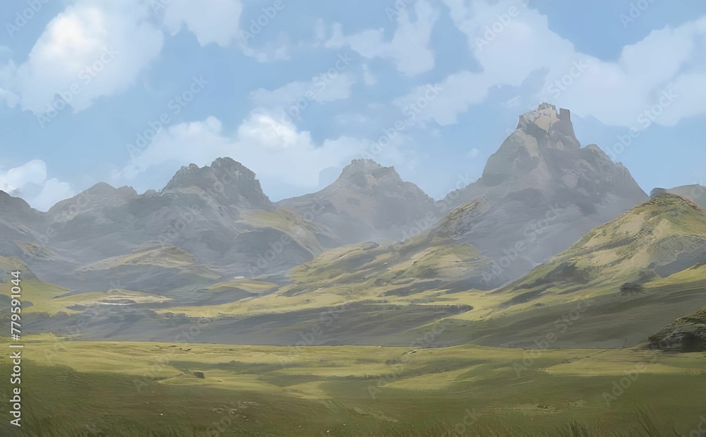 Illustration of nature with a green field surrounded by mountains in the daytime