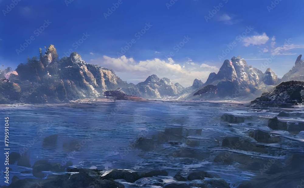 Illustration of a river with stones surrounded by rocky mountains under a blue sky