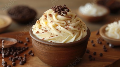 Whipped cream topped with chocolate shavings.