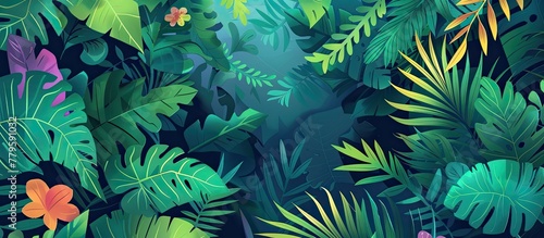 A lush tropical forest filled with verdant terrestrial plants, vibrant flowers, and electric blue Arecales. This vibrant landscape is a majestic event in the jungle photo