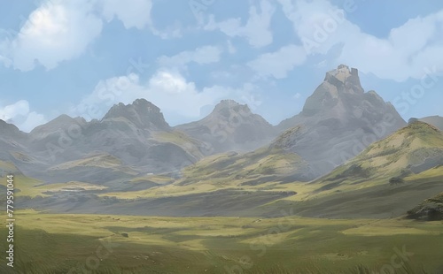 Illustration of nature with a green field surrounded by mountains in the daytime