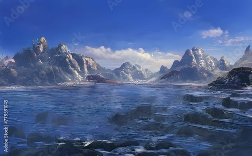 Illustration of a river with stones surrounded by rocky mountains under a blue sky