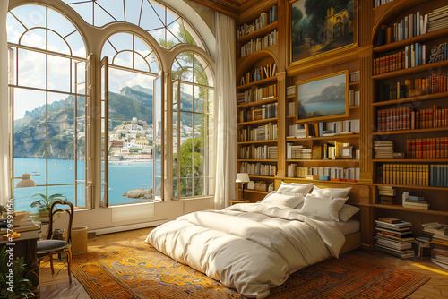 Cozy bedroom with a waterfront view, AI-generated.