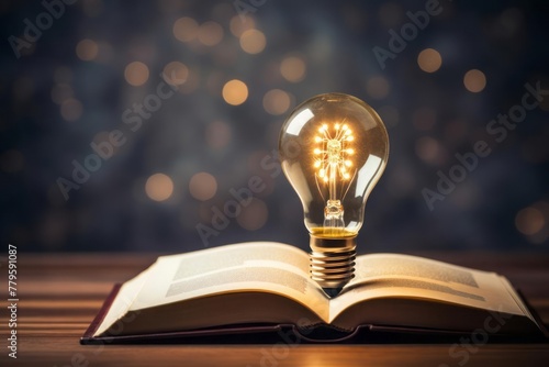 A glowing light bulb at the center of the book. Concept of inspiration from reading a book. Self-study, knowledge and search for new ideas. photo