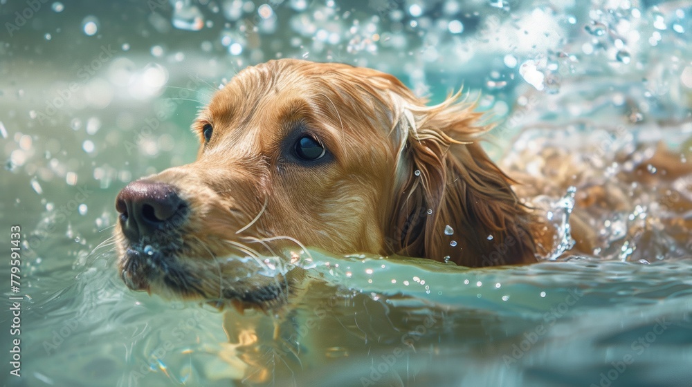 Close-up of a golden retriever enjoying a swim, with water droplets captured in detail