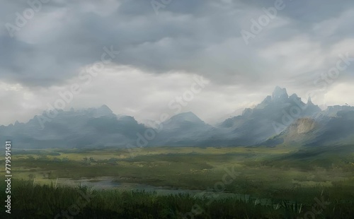 Illustration of nature with high mountains in the semi-desert field under a cloudy sky