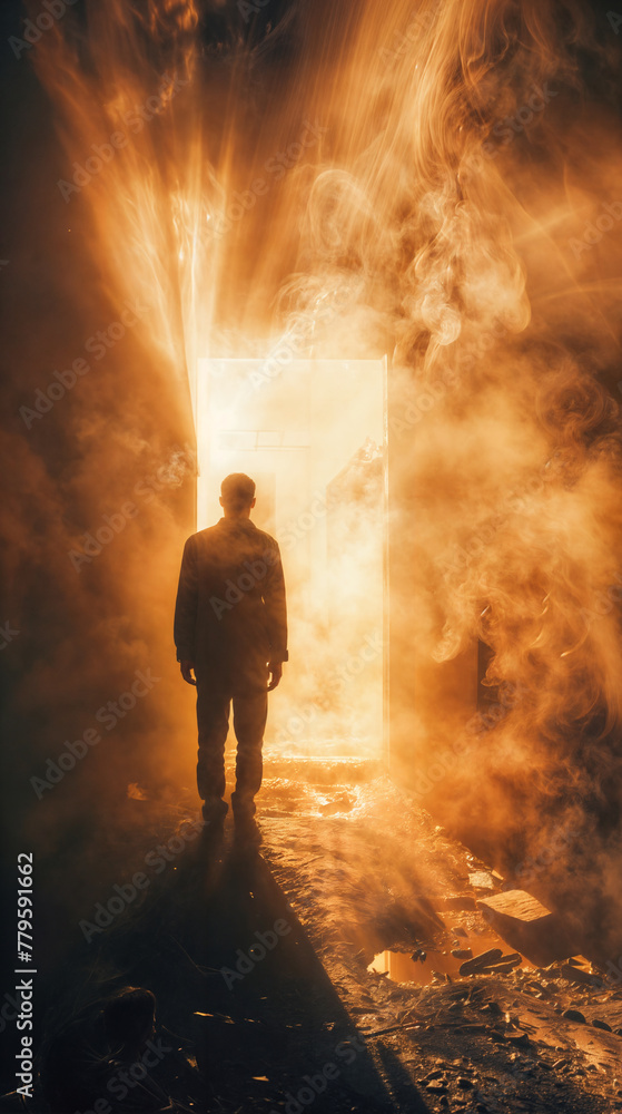 Silhouette of man standing in smoke facing an open door with bright light shining in