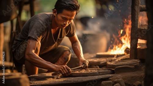  A young man is forging iron in a traditional kiln. Conveys Thai wisdom 