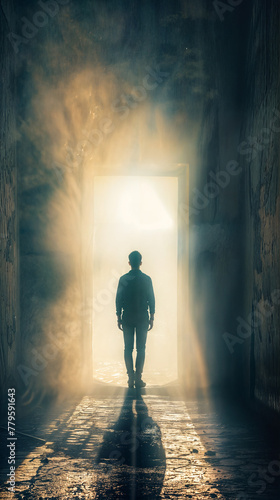 Silhouette of man standing in smoke facing an open door with bright light shining in