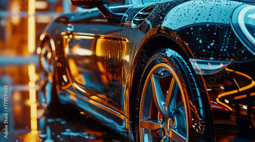 Luxurious Black Car Detailing in Rain - AI generated digital art © Wirestock