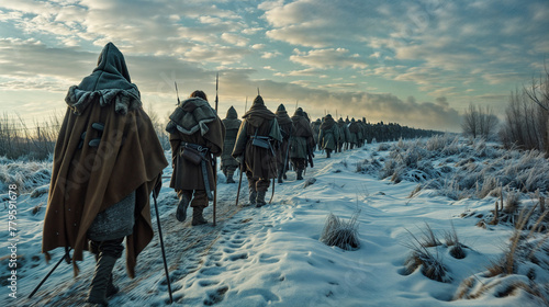 Ancient nomadic warrior tribe moving or on an organized hunt party or militia in cold environment