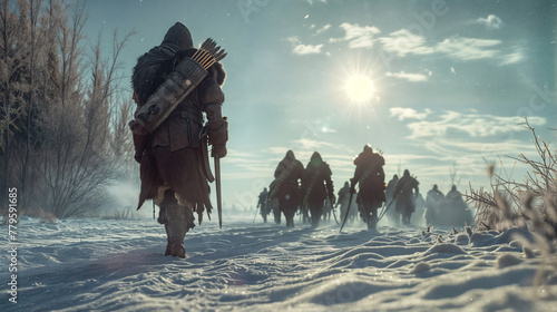 Ancient nomadic warrior tribe moving or on an organized hunt party or militia in cold environment photo
