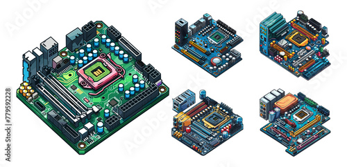 Pc motherboards isometric vector set. Semiconductor personal computer building microelectronics processor chip device components isolated on white background