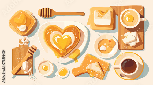 Flat design morning menu with heart shape pancake and