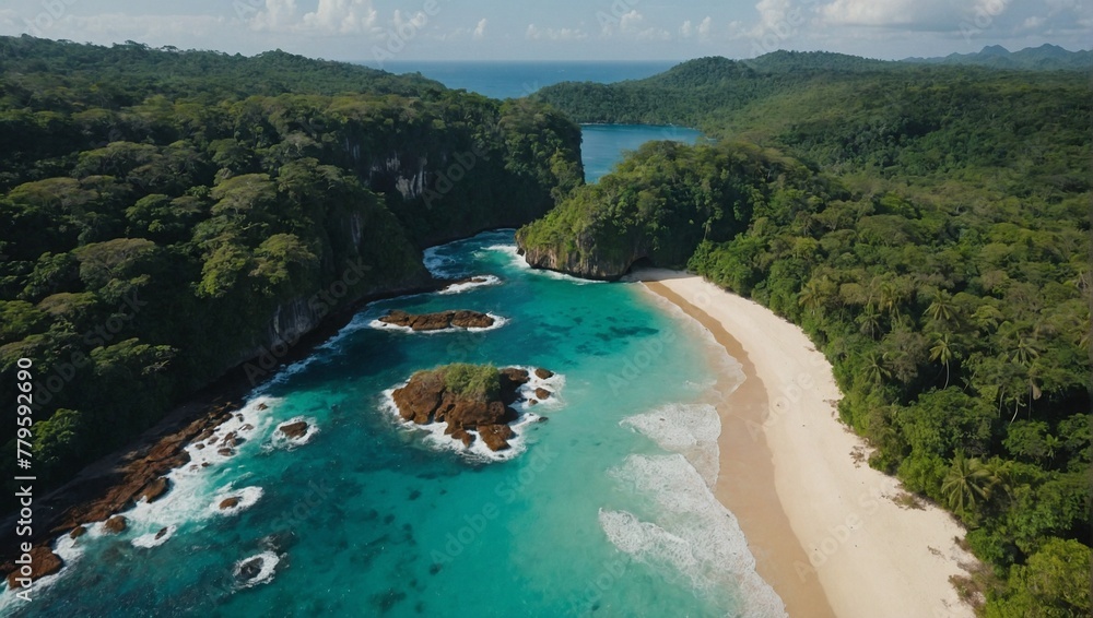 Beautiful beach witch sand, blue water and tropical forest, drone view.