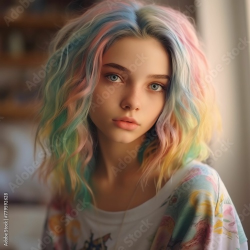 Girl with vibrant, multi-colored hair wearing casual clothing, looking at the camera. AI-generated.