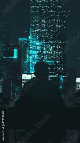 Cybersecurity expert monitoring digital data flow