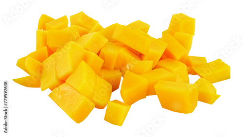 Chopped mango isolated on white background. Top view. Flat lay.