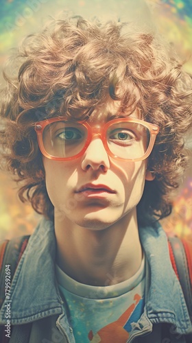 Young man with curly brown hair, wearing glasses, looking directly into the camera. AI-generated.