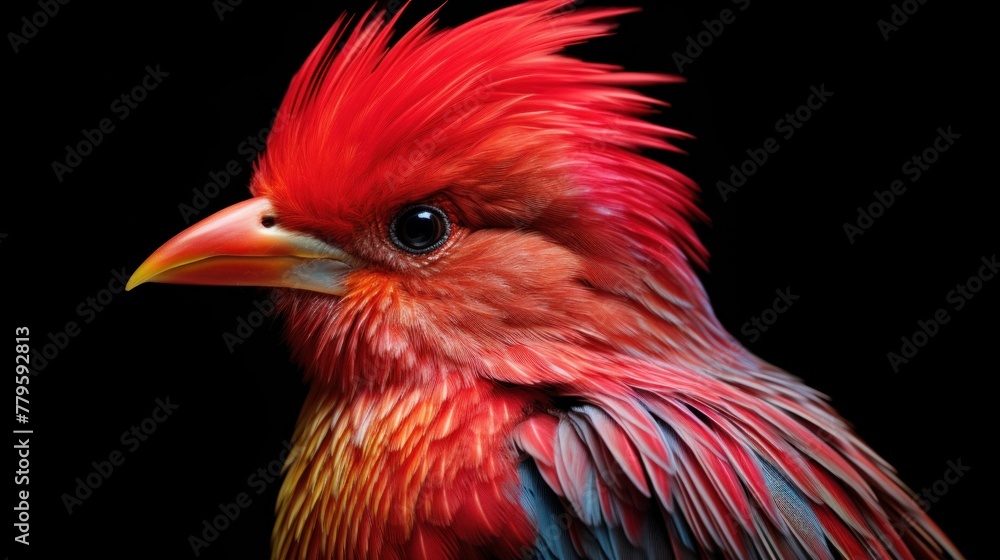 AI generated illustration of a vibrant bird perched on a black background